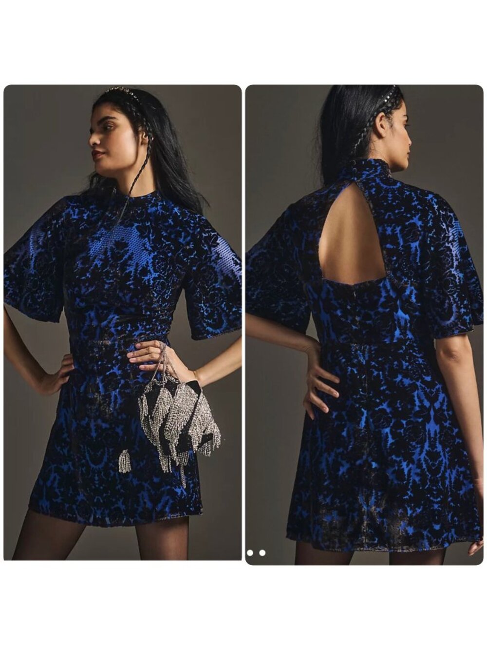 Anthropologie Velver Burnout Mini Dress Sz 6 Blue Floral Bell Sleeves Whimsigoth